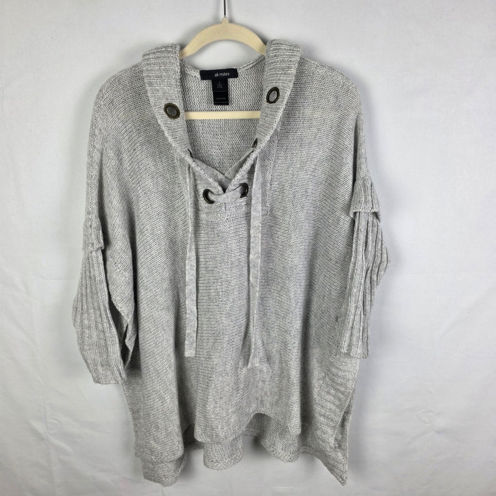 Ali Miles Grey Knit Hooded Poncho Sweater Lace Up Grommet Size S